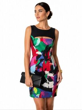Black Halo Whimsical Colorful Luxe Pattern Party Dress black Cut Out chest sz 4